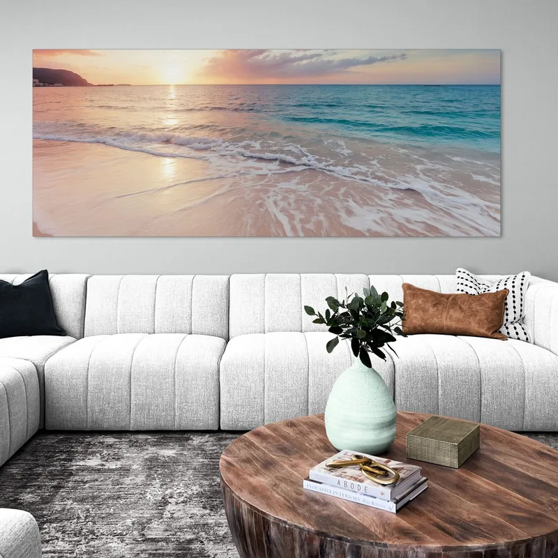 Peinture De Paysage Marin Plage Sereine Au Coucher Du Soleil Avec Vagues Et Ciel Rose