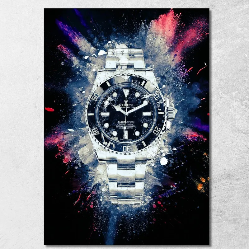 Modern Watch Painting Rolex Black Submariner On Colorful Background canvas print