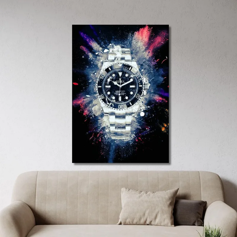 Modern Watch Painting Rolex Black Submariner On Colorful Background