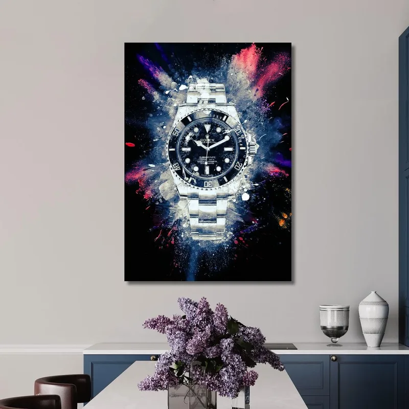 Modern Watch Painting Rolex Black Submariner On Colorful Background