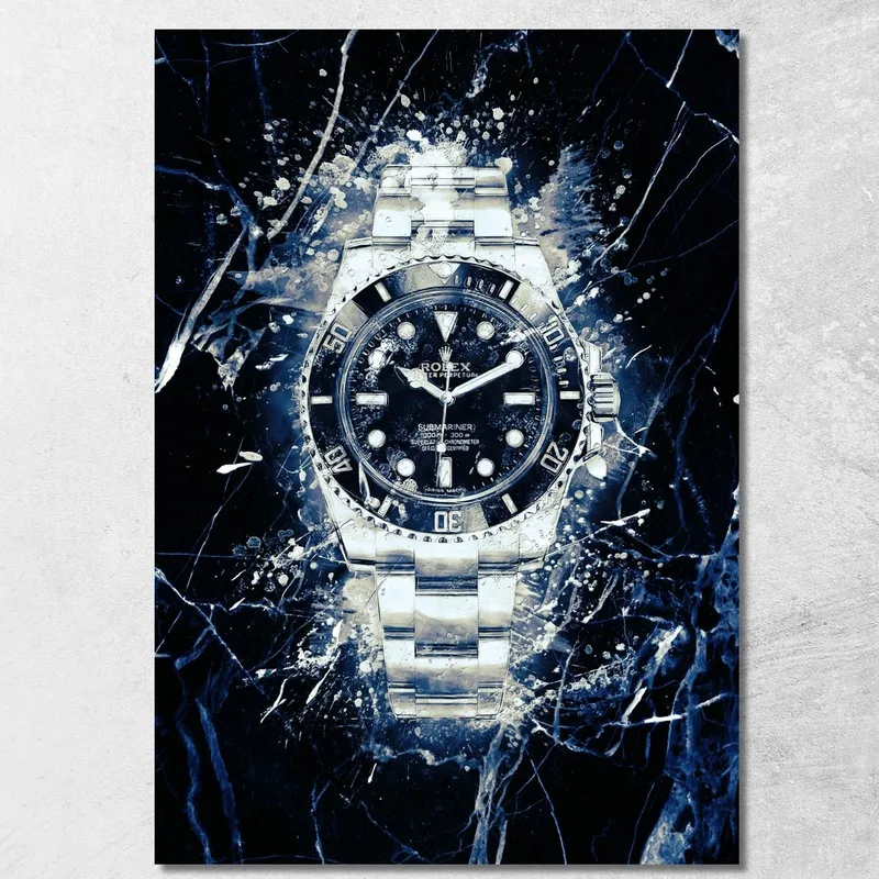 Modern Watch Painting Rolex Black Submariner On White And Black Marble canvas print