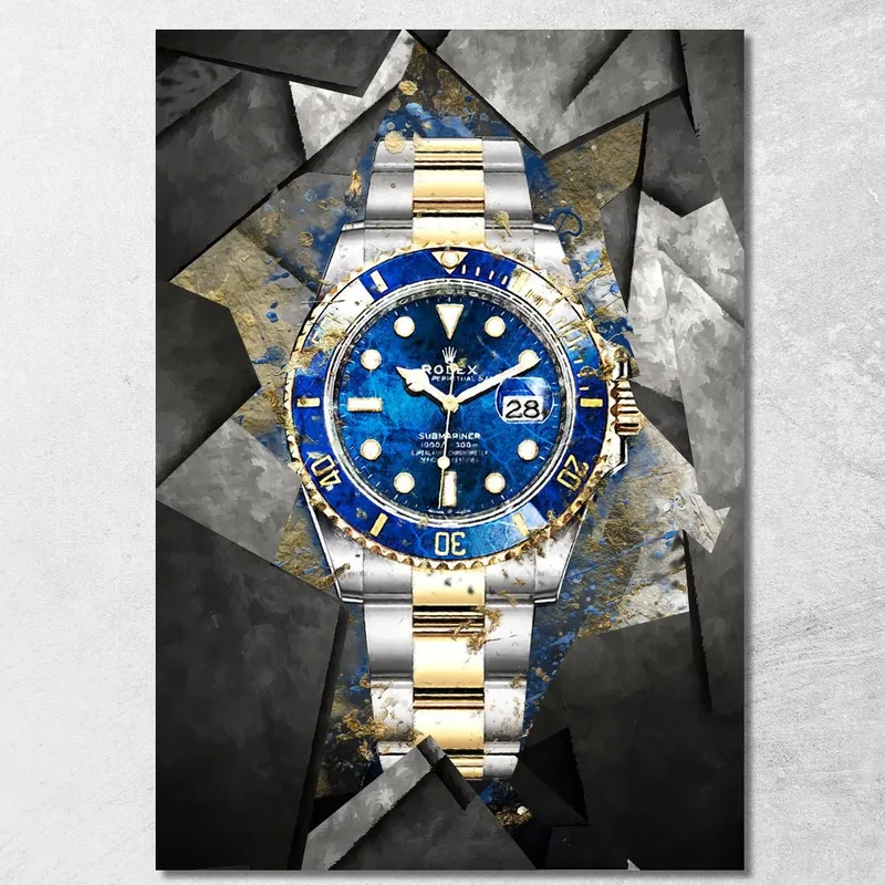Modern Watch Painting Rolex Blue And Gold On Tile canvas print