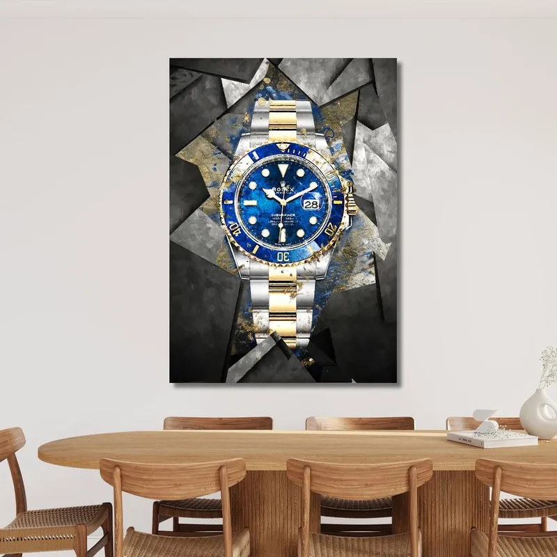 Cuadro Moderno Reloj Rolex Azul Y Oro Sobre Azulejos