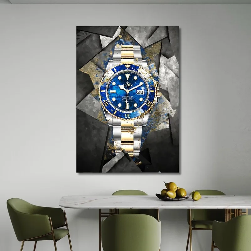 Cuadro Moderno Reloj Rolex Azul Y Oro Sobre Azulejos