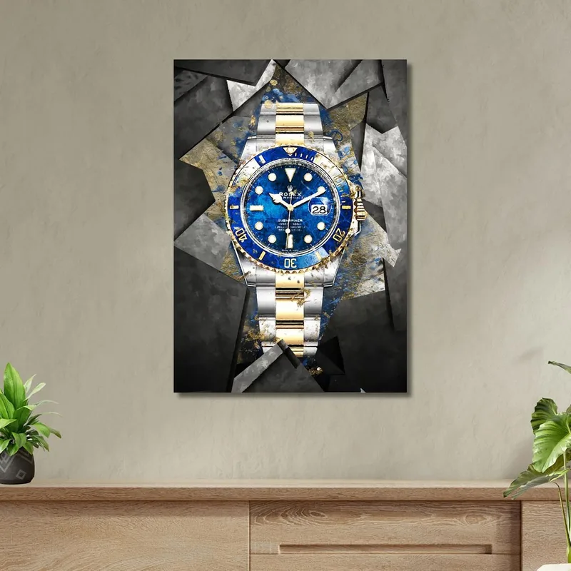 Cuadro Moderno Reloj Rolex Azul Y Oro Sobre Azulejos