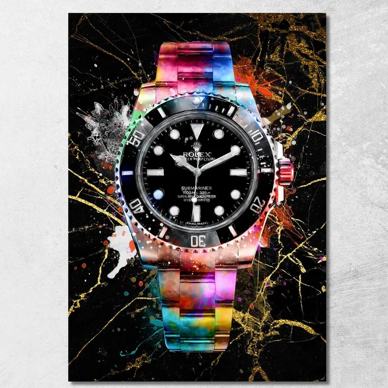 Modern Watch Painting Rolex Black With Colorful Accents On Black Marble canvas print