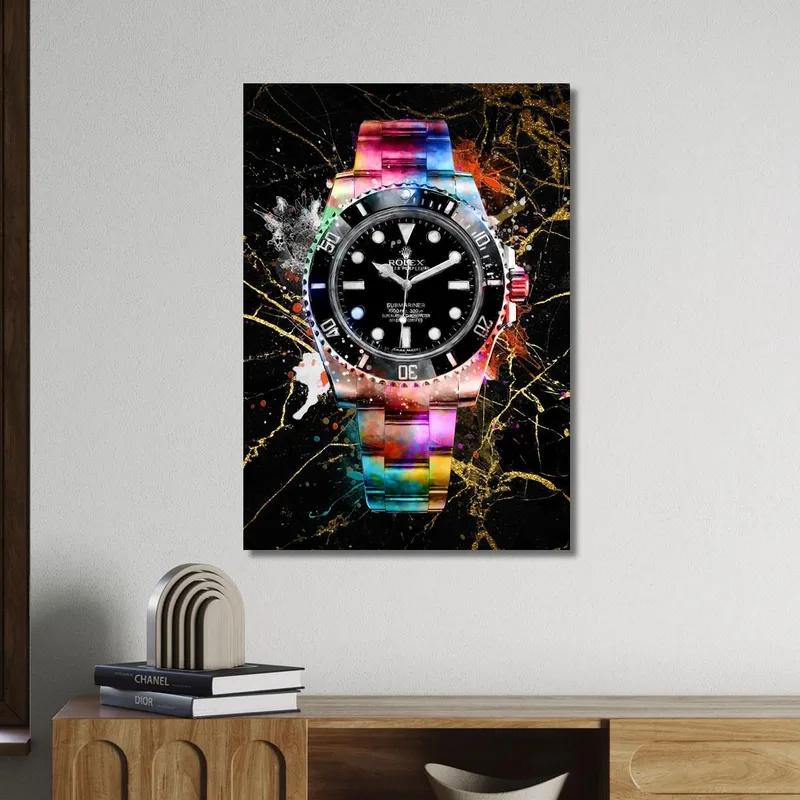 Modern Watch Painting Rolex Black With Colorful Accents On Black Marble