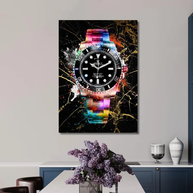 Modern Watch Painting Rolex Black With Colorful Accents On Black Marble