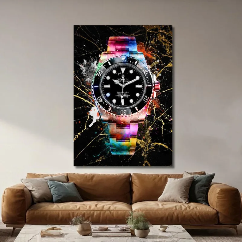Modern Watch Painting Rolex Black With Colorful Accents On Black Marble
