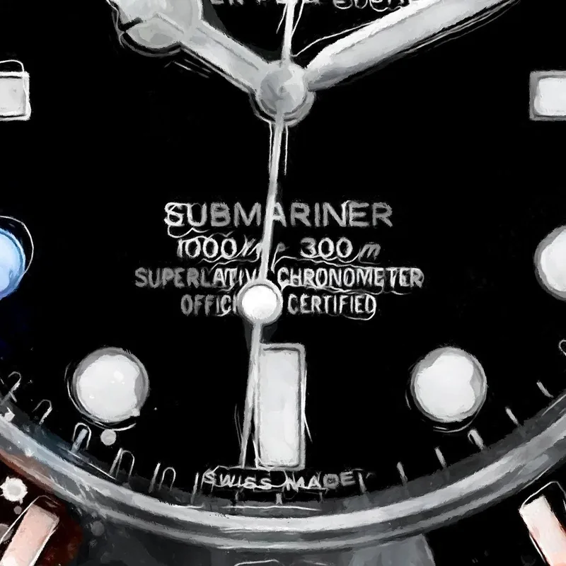Modern Watch Painting Rolex Black With Colorful Accents On Black Marble