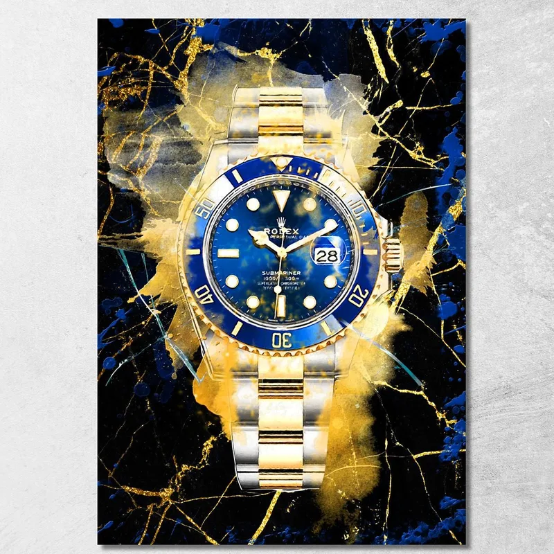 Modern Watch Painting Rolex Blue And Gold On Black Background canvas print