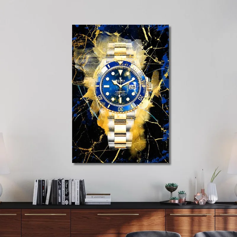 Quadro Moderno Orologio Rolex Blu E Oro Su Sfondo Nero