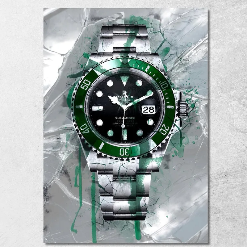 Modern Watch Painting Rolex Green And Black Submariner On Green Glass canvas print