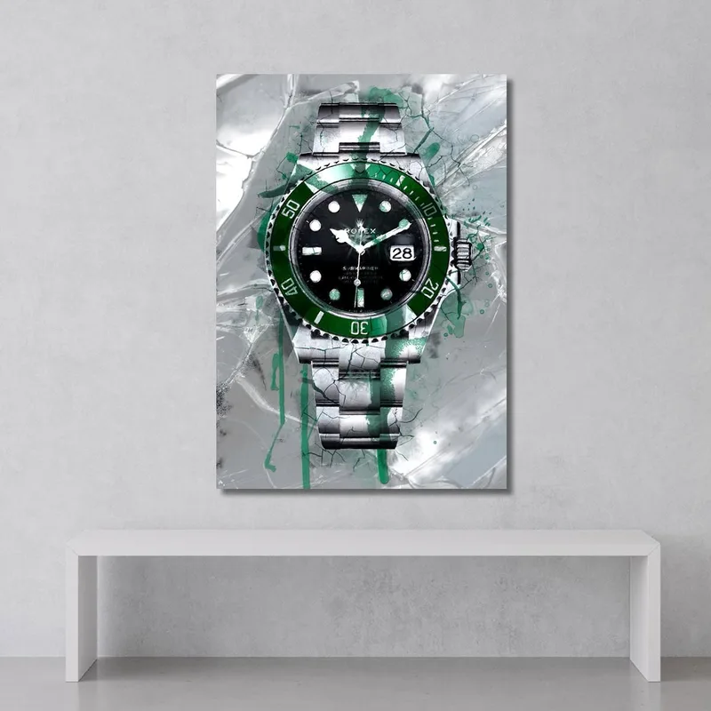 Modernes Uhrenbild Rolex Grüner Und Schwarzer Submariner Auf Grünem Glas