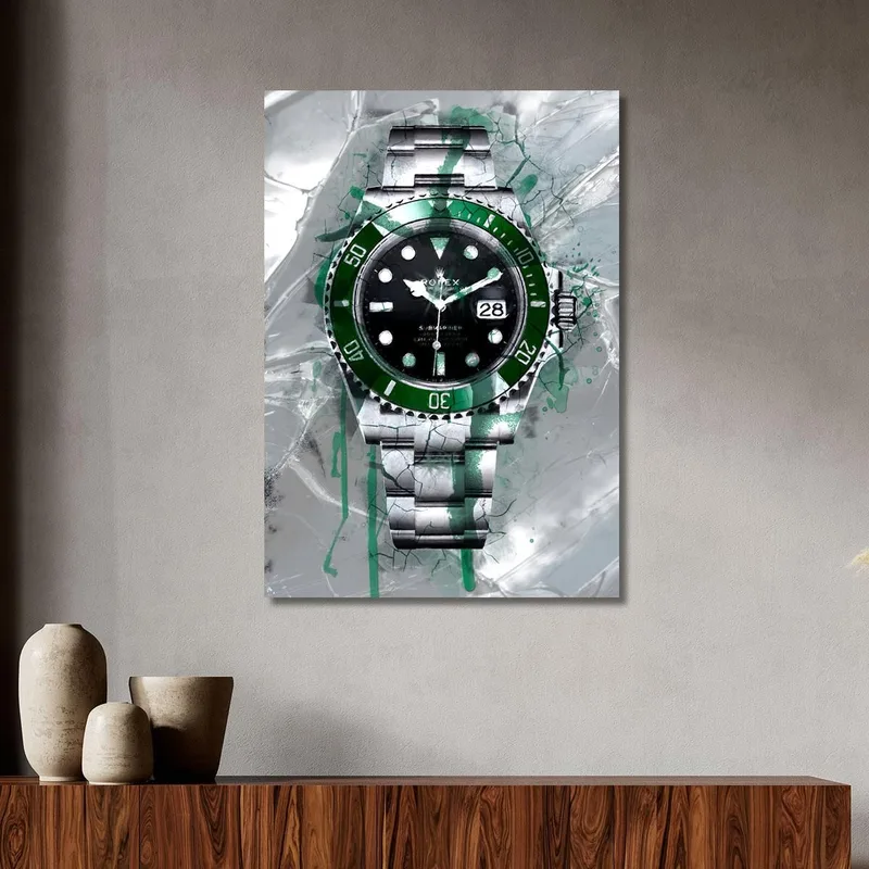 Modernes Uhrenbild Rolex Grüner Und Schwarzer Submariner Auf Grünem Glas
