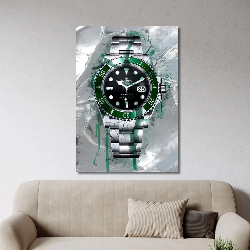Modernes Uhrenbild Rolex Grüner Und Schwarzer Submariner Auf Grünem Glas