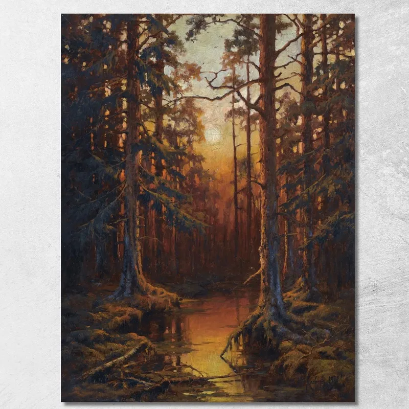 Tramonto Nella Foresta Julius Sergius Klever quadro stampa su tela