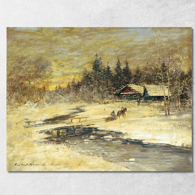 Traîneau Passant Sur Un Pont Au Soleil Couchant Konstantin Alexeevich Korovin tableau impression sur toile