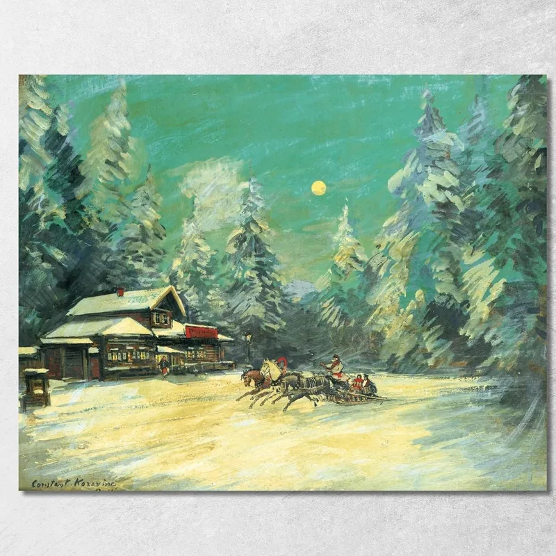Troïka Passant Devant Une Auberge La Nuit Konstantin Alexeevich Korovin tableau impression sur toile