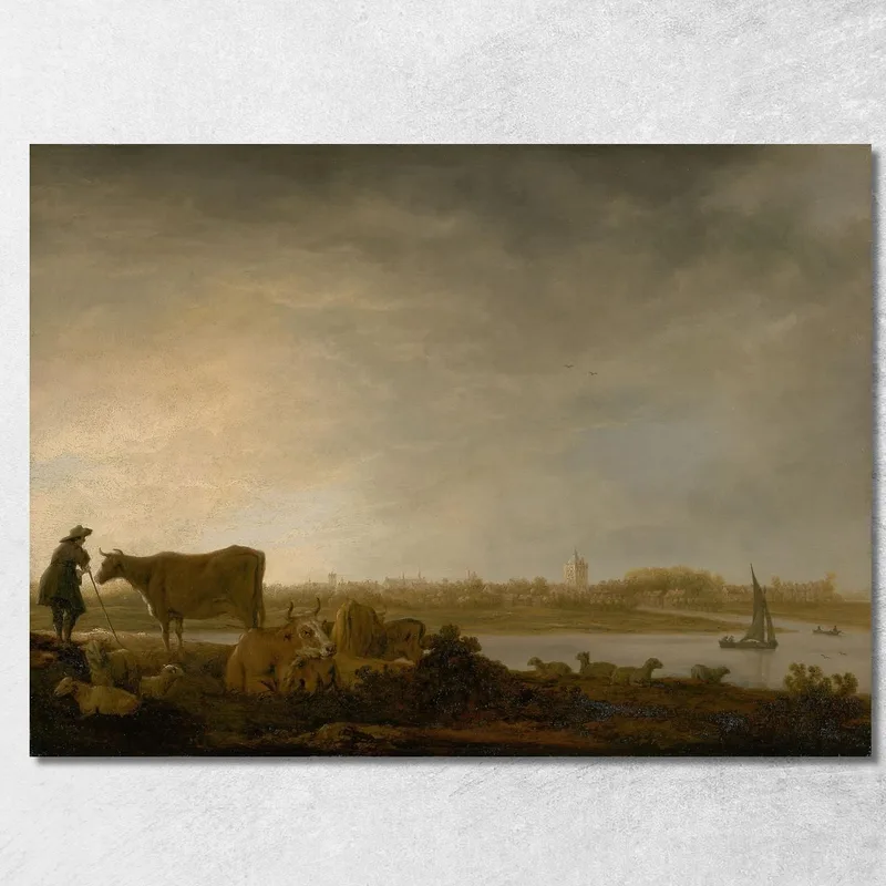 Una Veduta Di Vianen Con Un Mandriano E Bestiame Vicino A Un Fiume Aelbert Cuyp quadro stampa su tela