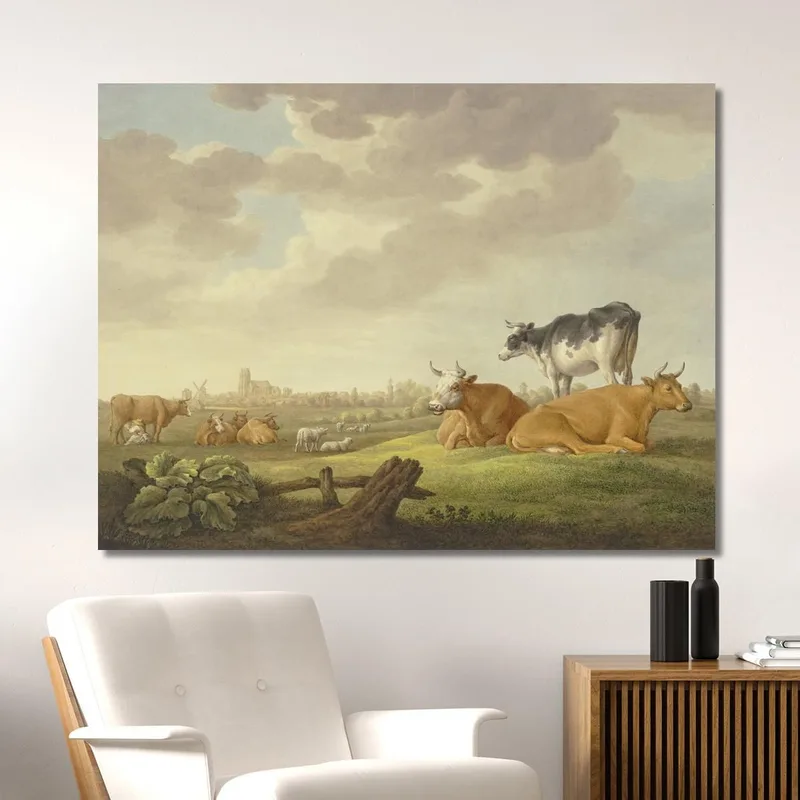 Mucche E Pecore In Un Prato, In Lontananza Una Città, A Sinistra Una Mungitrice Aelbert Cuyp