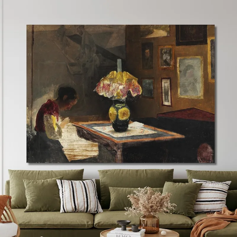 The Artist'S Wife Sigrid Sewing By Lamplight. Karrebæksminde Laurits Andersen Ring