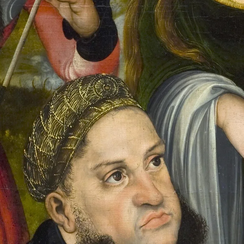 Der Kurfürst Friedrich Der Weise Von Sachsen (1463–1525) Mit Den Heiligen Ursula (Links) Und Genoveva (Rechts) Lucas Cranach the