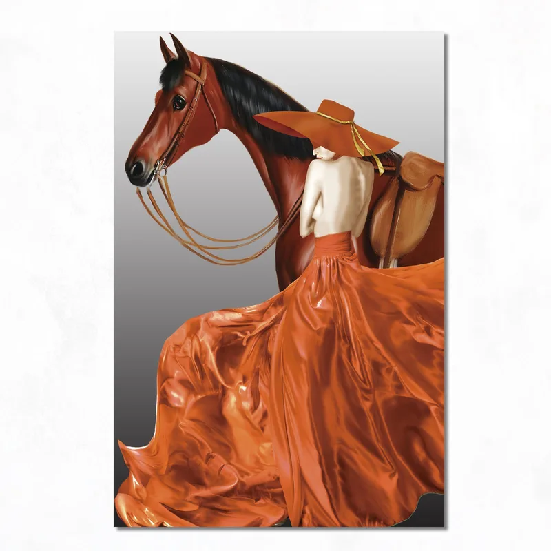 Cavallo e Donna in Abito Arancione quadro moderno su tela