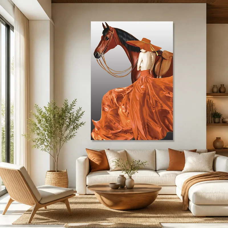 Cavallo e Donna in Abito Arancione quadro moderno su tela