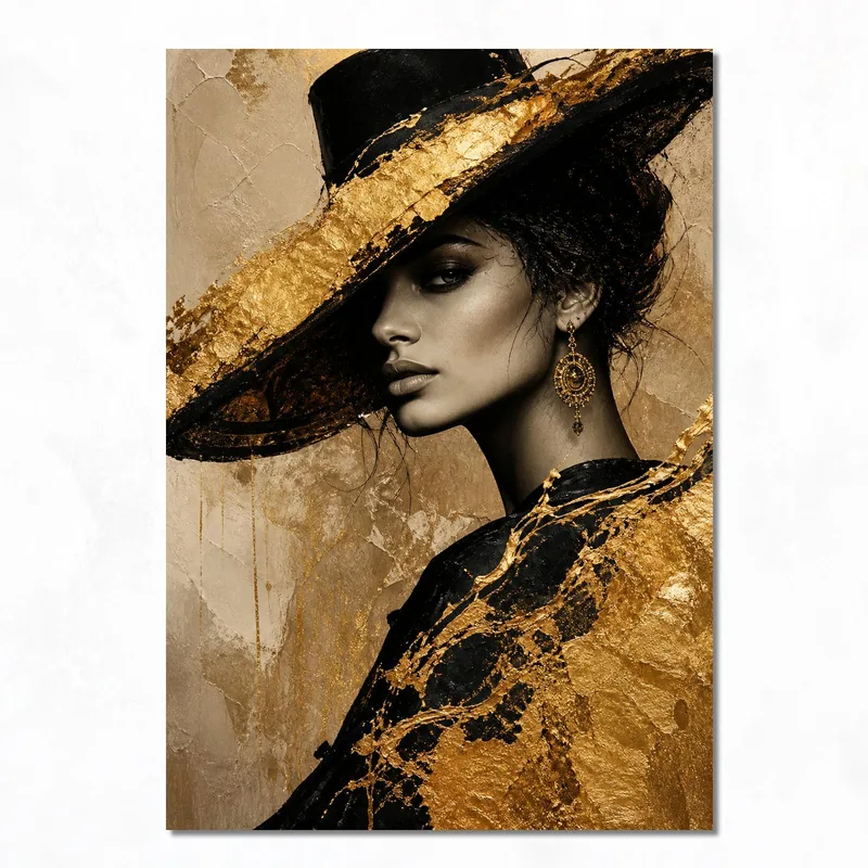 Donna Elegante con Cappello Dorato quadro canvas