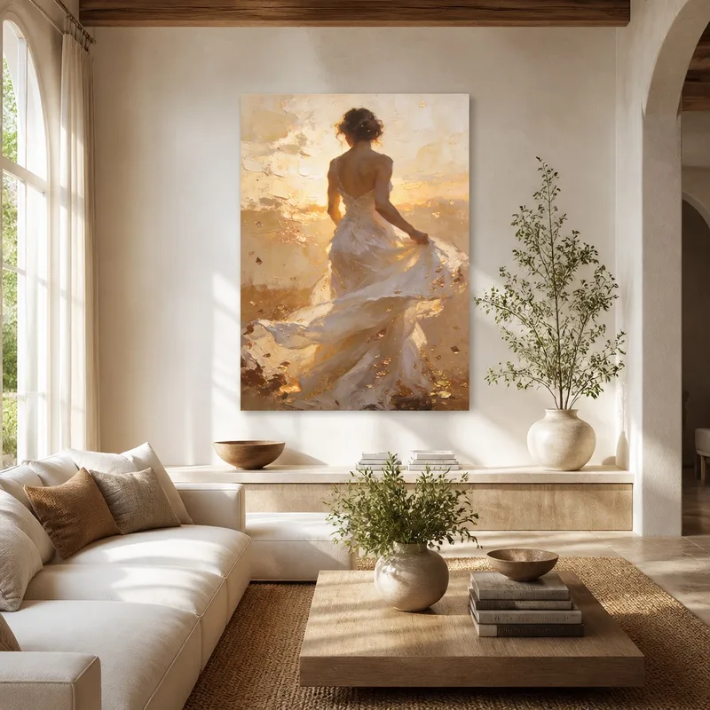 Donna in Elegante Abito Bianco quadro canvas