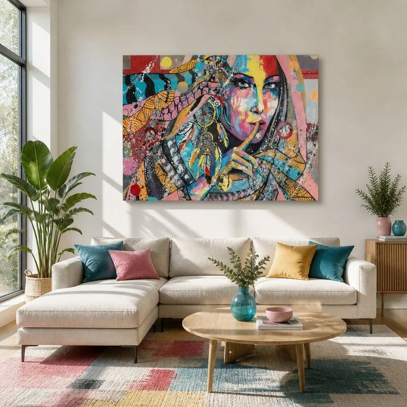 Bunte Frau mit Traumfänger drucken auf leinwand