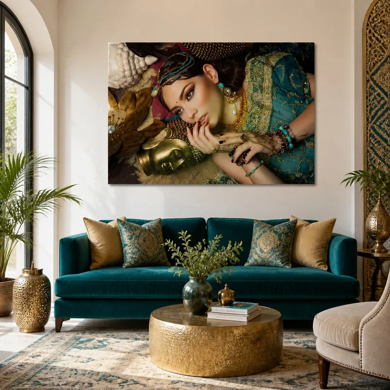 Lienzo artistico retrato de joyería étnica verde azulado