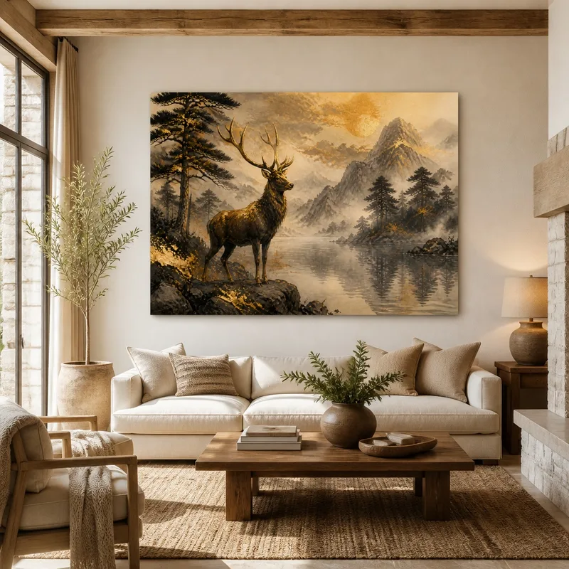 Majestätischer Hirsch in Ruhiger Landschaft drucken auf leinwand
