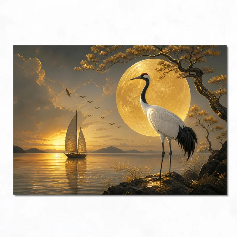 Crane by Full Moon canvas wall art