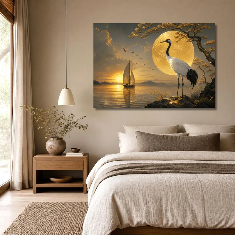 Crane by Full Moon canvas wall art