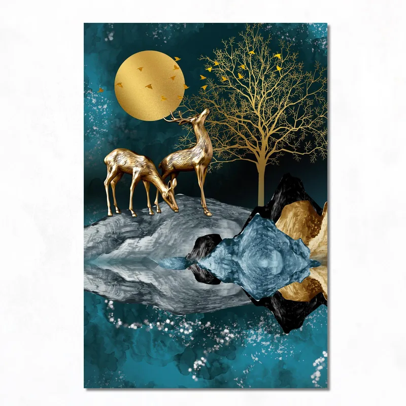 Canvas print golden deer with reflective landscape