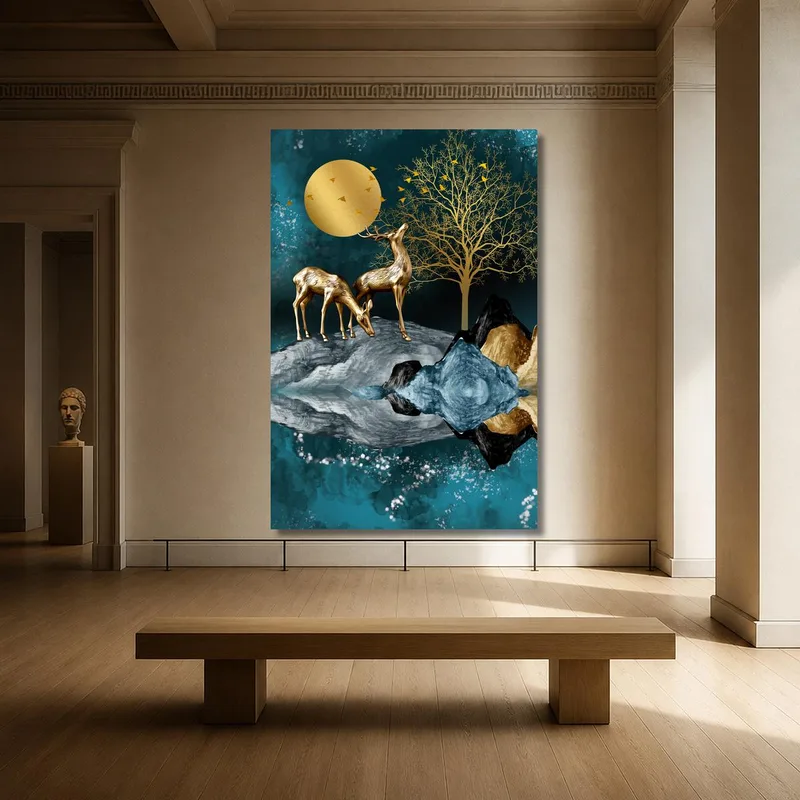 Canvas print golden deer with reflective landscape