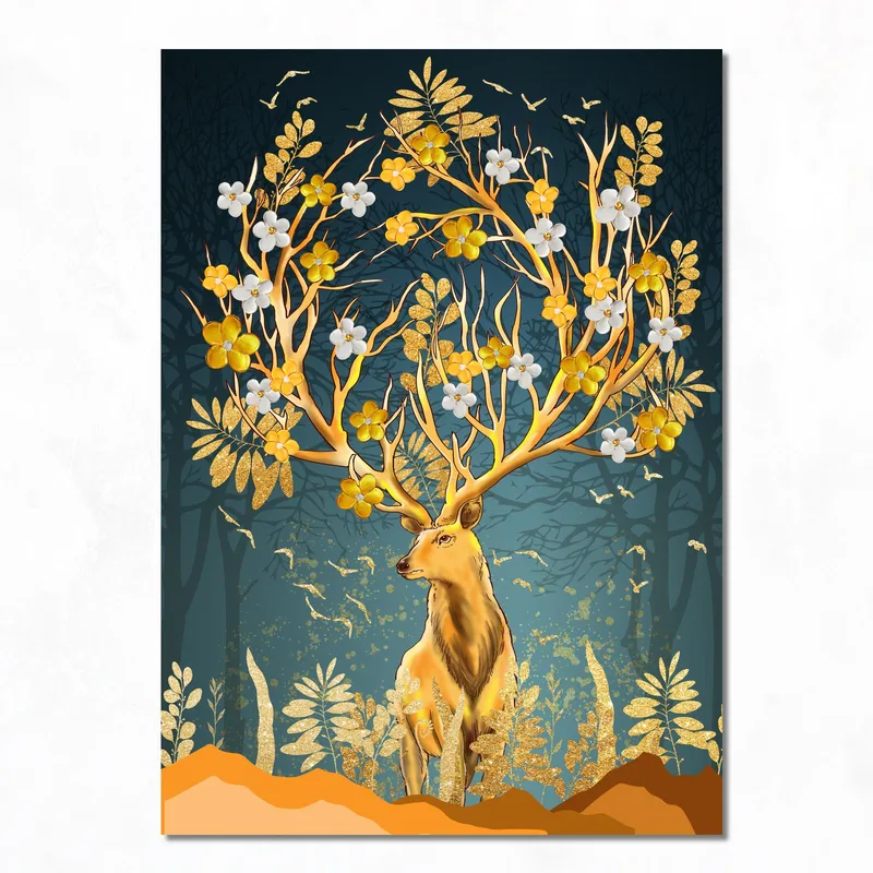 Ciervo dorado con cuernos florales cuadro moderno