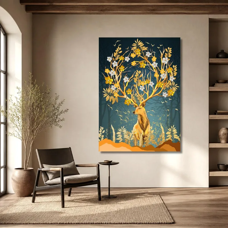 Ciervo dorado con cuernos florales cuadro moderno