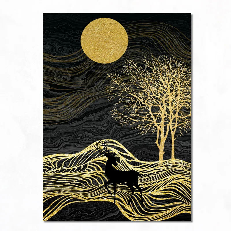 Quadro su tela silhouette di cervo dorato