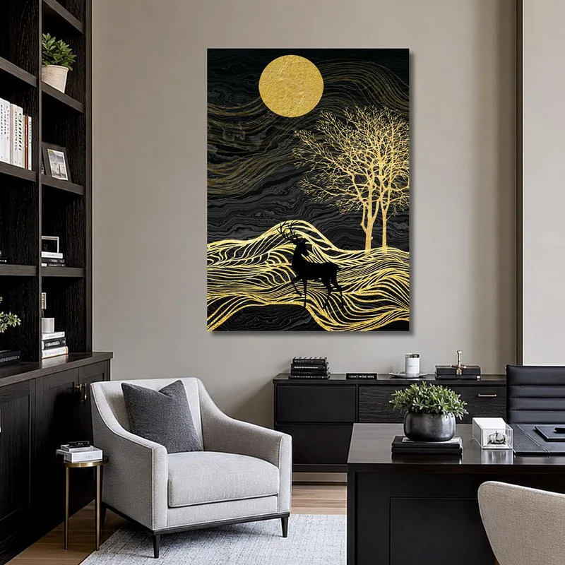Quadro su tela silhouette di cervo dorato