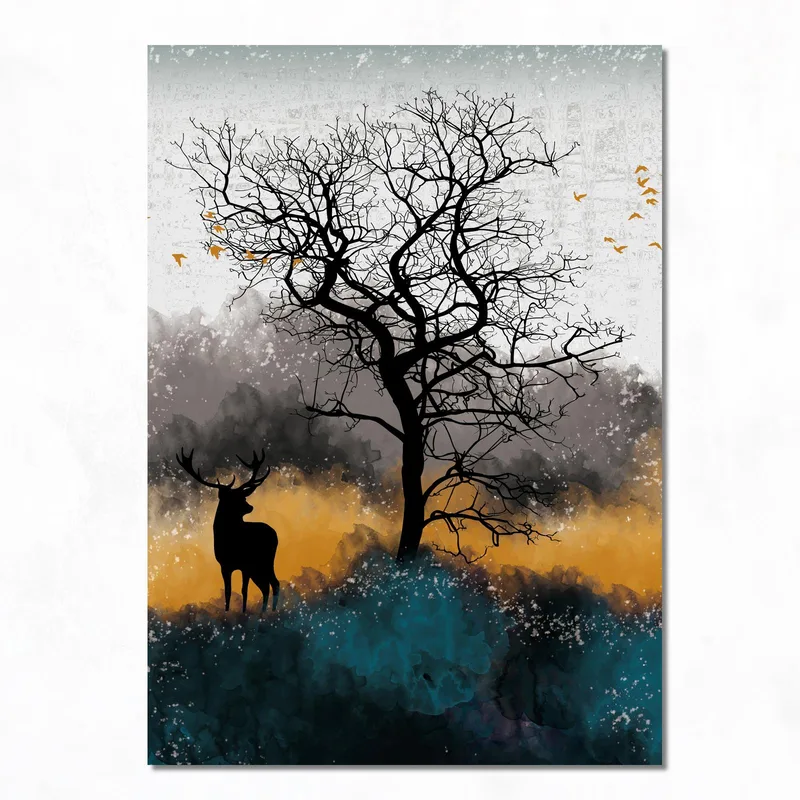 Kunstdruck hirschsilhouette im herbstnebel