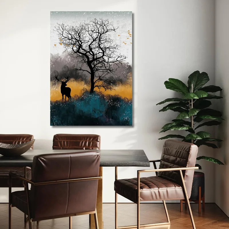 Kunstdruck hirschsilhouette im herbstnebel