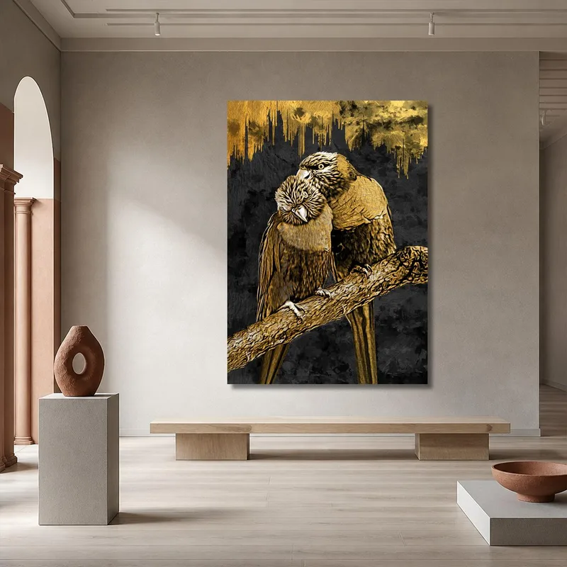 Impresion en lienzo loros dorados abrazándose