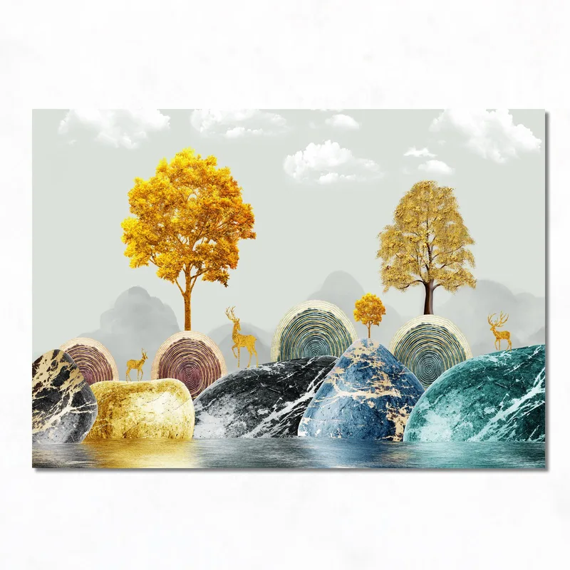 Stampa su canvas paesaggio di alberi dorati e cervo