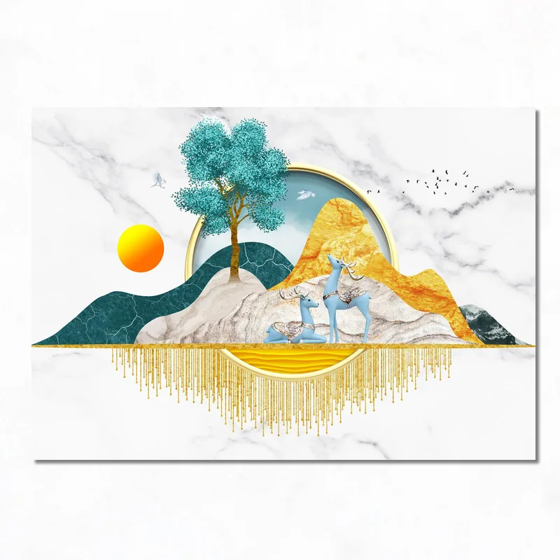 Canvas wall art blue deer with tree and sun