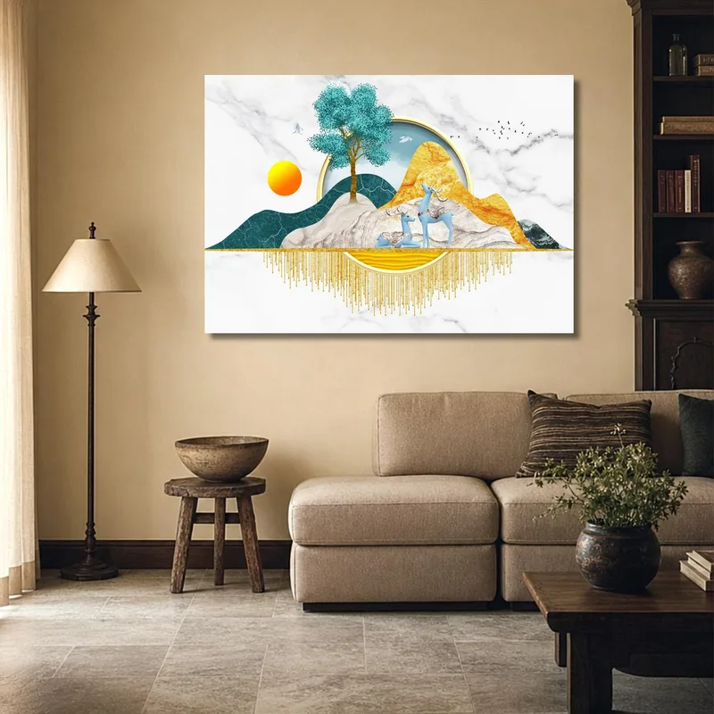 Canvas wall art blue deer with tree and sun