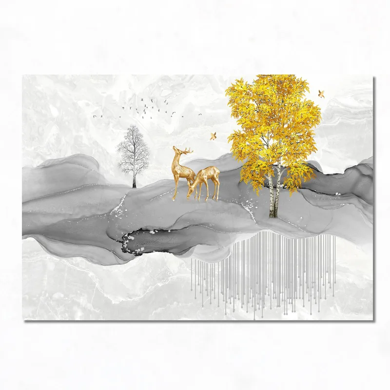 Kunstdruck goldenes reh in ruhiger landschaft