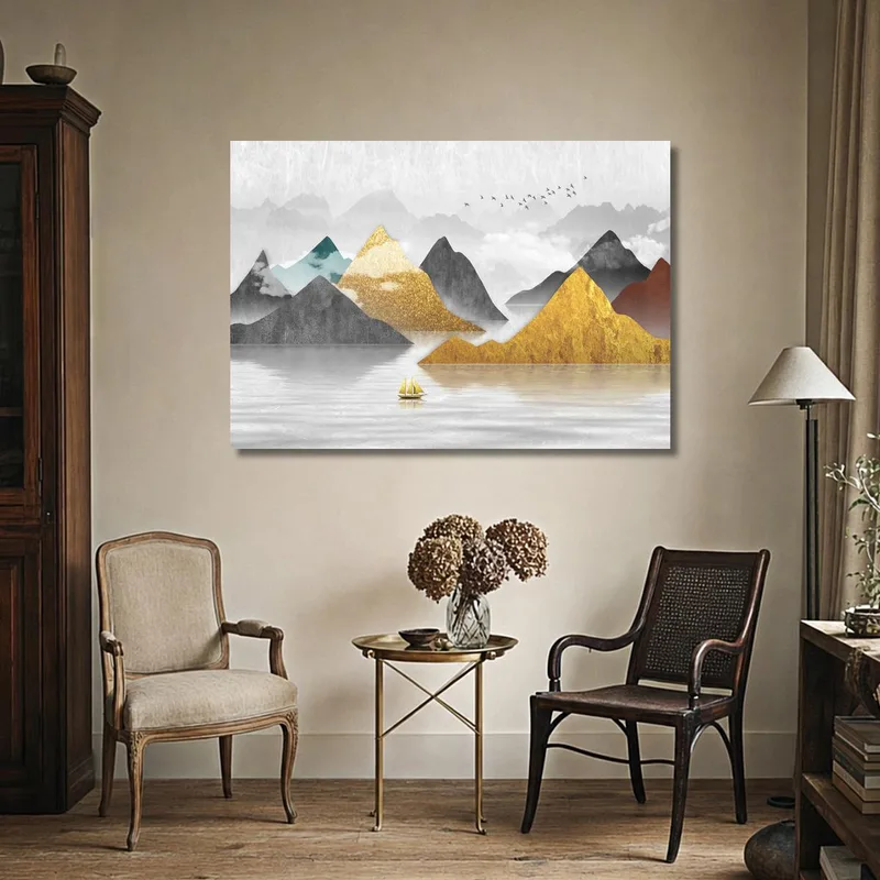 Leinwanddruck berglandschaft mit segelboot